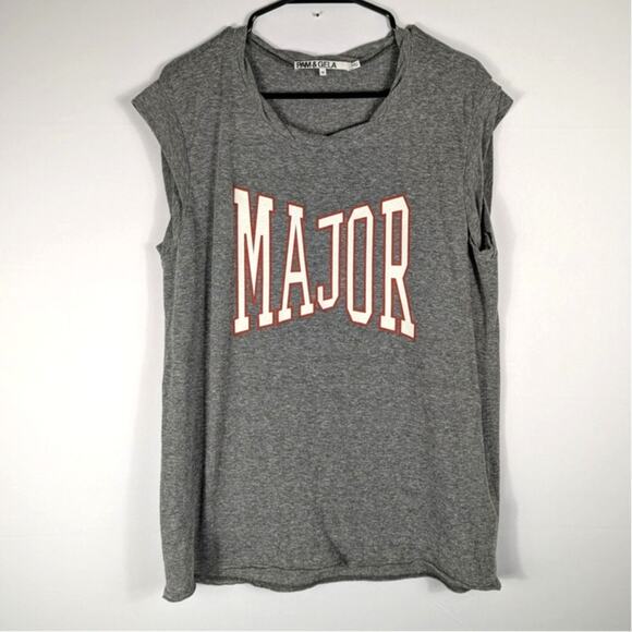 Pam & Gela Major Graphic Sleeveless Top Women’s M Gray Distressed Muscle Tee USA - Picture 1 of 5